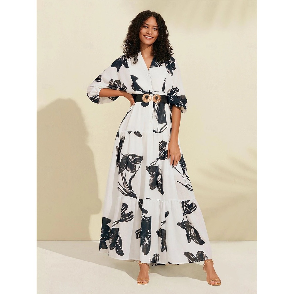 Ador Floral Maxi Shirt Dress White Black/Blue Belted Tiered Boho‎ Medium NWT